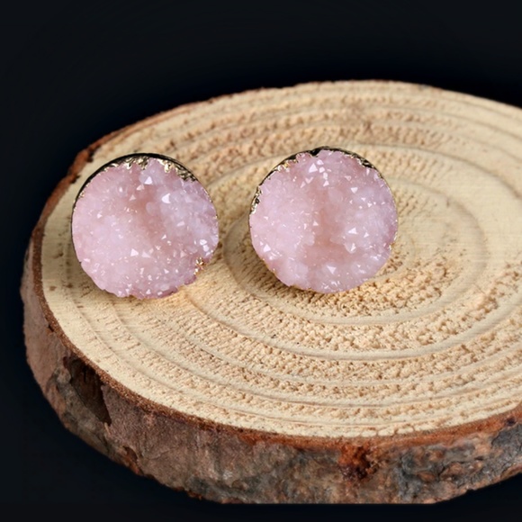 Indie Boho Druzy Blush Pink Crystal Quartz Earring - Picture 3 of 8